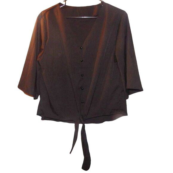 women's x-large solid jet black v-neck button front flowy sleeve blouse - Picture 1 of 6